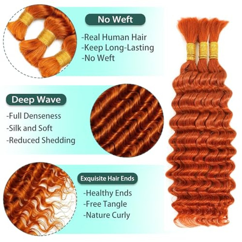 Ginger Human Hair Bundles for Boho Braids - 26 Inch Deep Wave
