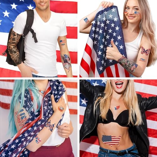 Aresvns Independence Day Temporary Tattoos,Fourth of July USA Flag Sleeve Tattoo,Red White and Blue Party Supplies, 4th of July Fun Tattoos, Memorial Day, Labor Day Decorations Patriotic Tattoos