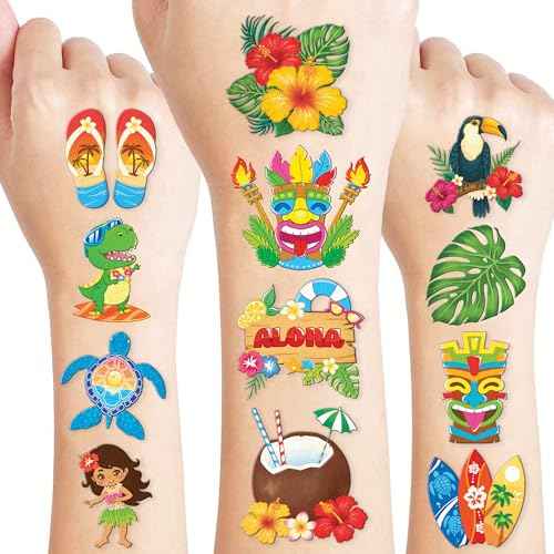 96 PCS Hawaiian Luau Pre-Cut Temporary Tattoos for Kids | Super Cute Themed Birthday Party Favors, Supplies, Decorations, Summer Fake Tattoo Stickers (Multiple)