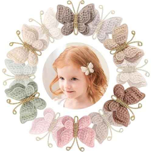 12 Pcs Butterfly Hair Bow Girl, Beige Kid's Cute Hair Clips Barrettes Accessories for Infants Toddlers Baby Kids Fine Hair