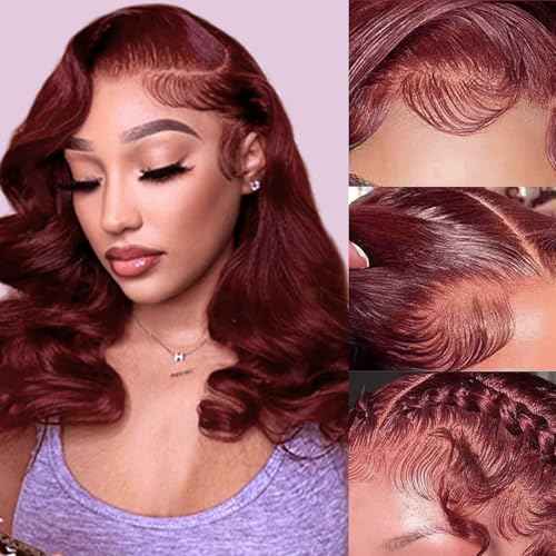 Reddish Brown Bob Wig Human Hair Body Wave 13x4 HD Lace Front Wigs Human Hair 12Inch 33# Body Wave Lace Frontal Wig Pre Plucked 180% Density Wine Red Bob Wigs for Women