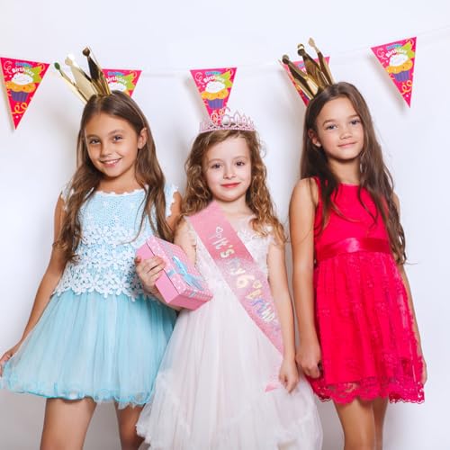 Canitor 6 Years Old Birthday Girl Crown Tiara & Sash Set with Headband Gift