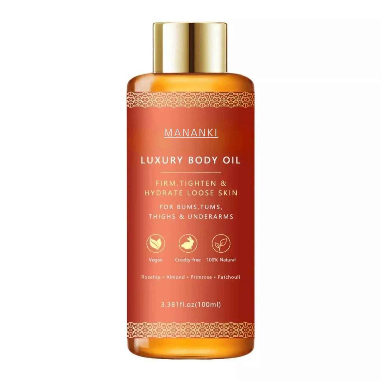 Mananki Luxury Body Oil, 3.38 fl oz, Natural Firming and Hydrating Oil for Loose Skin, Vegan Formula with Rosehip and Almond