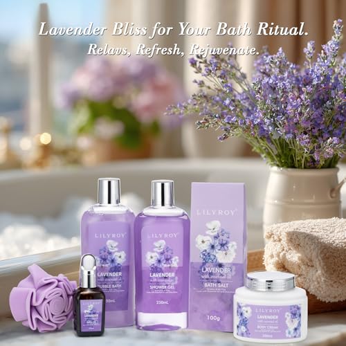 Lavender Spa Gift Set for Women - 7-Piece Relaxation & Bath Gift Basket for Mom
