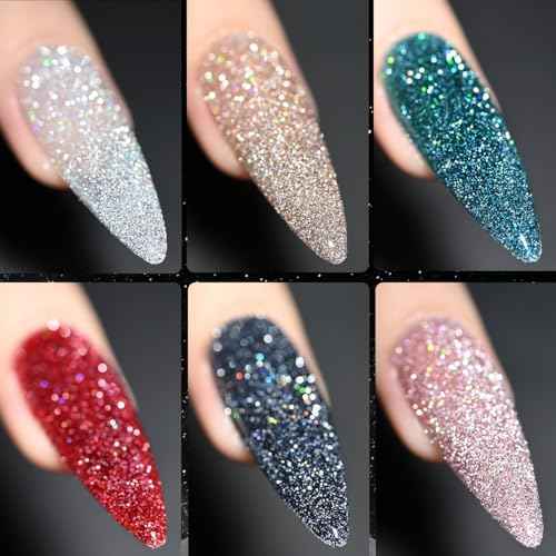 GAOY Reflective Glitter Gel Nail Polish Set for 6 Colors Including Pink Silver Red Green Colors Holographic Gel Polish Kit for Salon Manicure and Nail Art DIY at Home