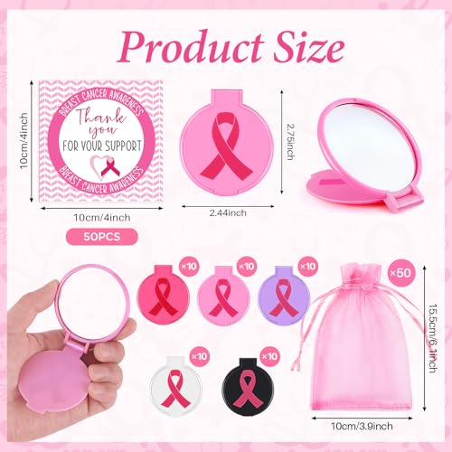 clothmile 50 Sets Breast Cancer Awareness Gifts Include 50 Pink Ribbon Mini Folding Makeup Mirrors 50 Pink Cards 50 OPP Bags for Girls Women Survivor Party Favors Supplies