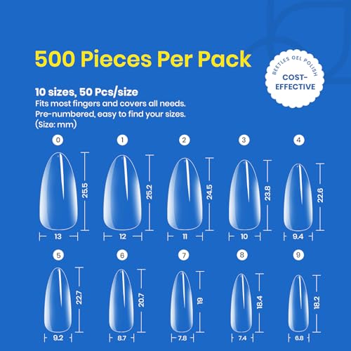 Beetles Gel Nail Tips Almond Medium 500Pcs – Pre-Shaped False Nails (Clear, 10 Sizes)