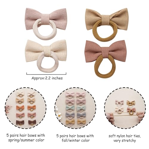 Baby Girls Hair Ties with Linen Bows – 20 Pcs No-Damage Elastic Nylon Ponytail Holders
