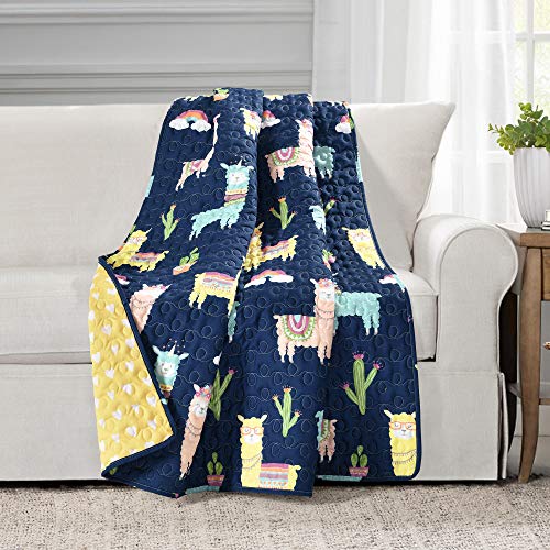 Lush Decor Southwest Llama Cactus Throw Blanket, 50" W x 60" L , Yellow & Navy - Toddler Blanket - Cute Reversible Boho Quilted Throw for Kids Room