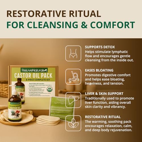 Castor Oil Pack - 8 Piece Complete Kit. Includes 16oz Glass Bottle of Organic Castor Oil, Easy to use Organic Cotton Compress with Adjustable Fit, 5 Soft Cotton Pads & Soothing Heat Pack..
