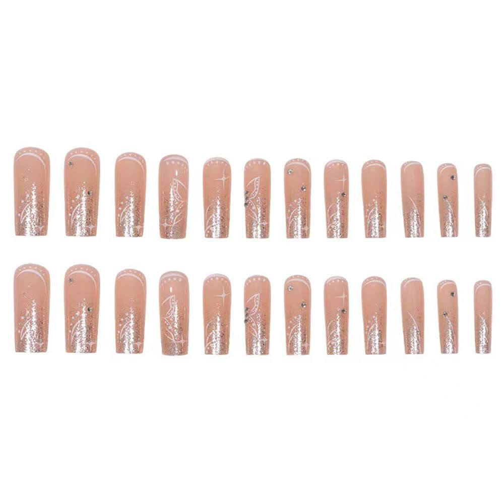 Magrace Long Square Press on Nails Fake Nails French Tips False Nails with Designs Rhinestone 24 pcs Stick on Nails for Women