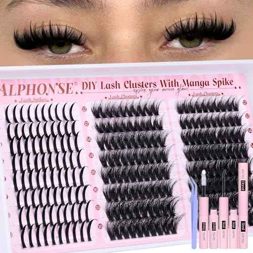 Lash Clusters with Spikes Manga Lash Kit 70D 80D Cluster Eyelash Extensions Kit CC-Curved Wispy Spiky Individual Lashes Kit with Bond Seal Tweezers by ALPHONSE
