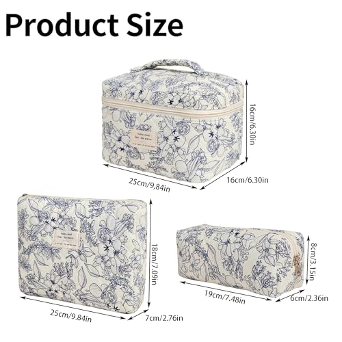 Makeup Bag Set, Large Travel Cosmetic Bags for Women, 3pcs Cute Floral Makeup Bags, Cotton Quilted Toiletry Organizer Bag, Women's Emergency Bag (Flower-Deep Blue)