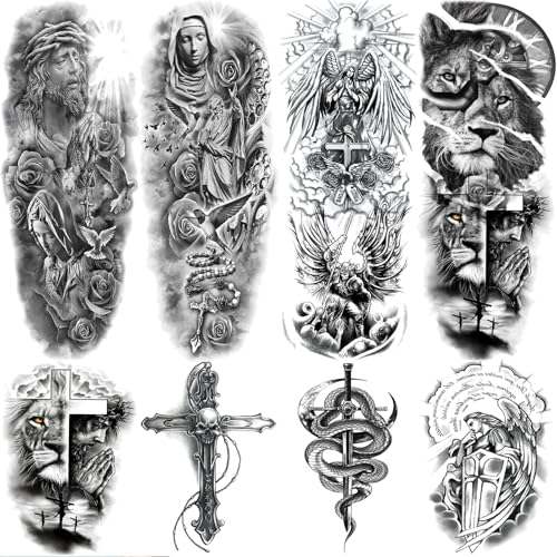 Christian Cross Temporary Tattoo Sleeve - 6 Sheets Religious Jesus Design