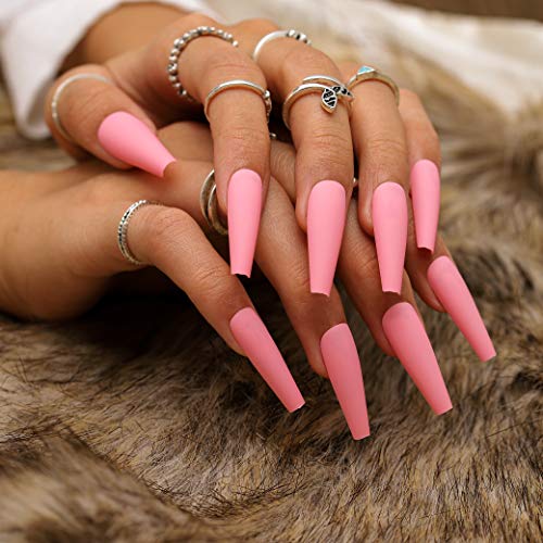 Gangel Pink Matte Press on Nails Coffin Long False Nails Full Cover Artificial Fake Nails Ballerina Acrylic Fake Nail Daily Wear Party Gifts for Women and Girls 24Pcs (PINK)