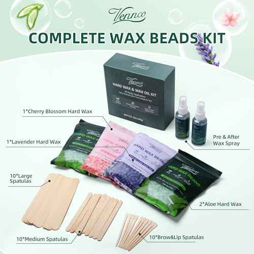 Hard Wax Beads Kit for Hair Removal, 36 Pieces Wax Beads for Full Body, Face, and Brazilian Bikini, Aloe, Lavender, Cherry Blossom - Includes Pre and Post Wax Oils