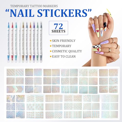 Temporary Tattoo Markers Kit with 160 Stencils & Nail Stickers