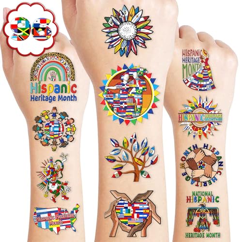 96 PCS Hispanic Heritange Month Pre-Cut Birthday Party Decorations Favors Supplies Temporary Tattoos Decor Latin American Spanish Stickers For Boys Girls Gift School Prizes Rewards