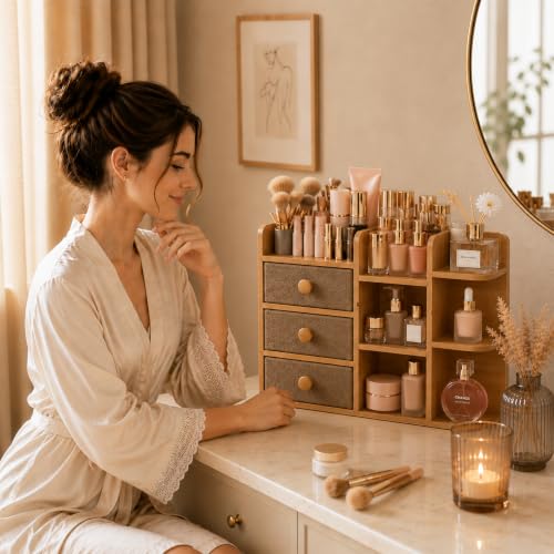 X-cosrack Natural Bamboo 3-Tier Large Makeup Organizer with 3 Drawers & 10 Compartments