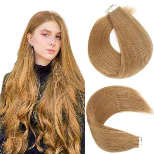 Lovrio Tape in Hair Extensions Straight Hair, 27 Strawberry Blonde Seamless Skin Weft Human Hair 50 Gram 14 Inch 20 Pieces