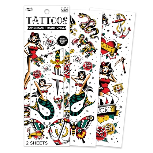 Savvi - 18 American Traditional Temporary Tattoos: Skin-Safe Ink, Great for Parties and Everyday Wear,Gifts for Teens and Adults, Made in the USA [2 sheets, 18 count]