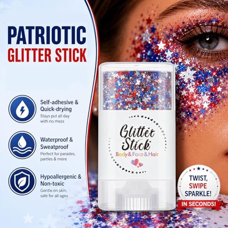 Patriotic Glitter Sticks - Red White Blue Makeup (2PCS)