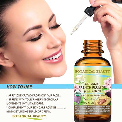 Botanical Beauty Organic French PLUM OIL 100% Pure Natural VIRGIN UNREFINED Cold-Pressed Carrier Oil for Face, Skin, Body, Hair, Lip, Nails. Rich in Vitamin E, Omega 6, Omega 9 (0.5 Fl Oz)