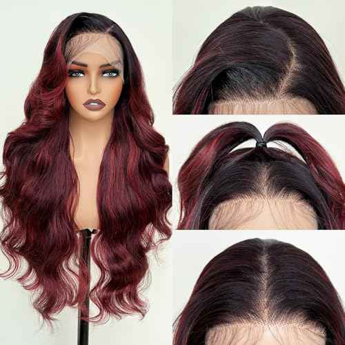 Burgundy Ombre 26 Inch HD Lace Front Wigs for White Women Black Women - Pre Plucked Body Wave Synthetic Wig with Tiny Knots 13¡¿6 Pre Layered Natural Hairline Glueless Wigs Wear and Go