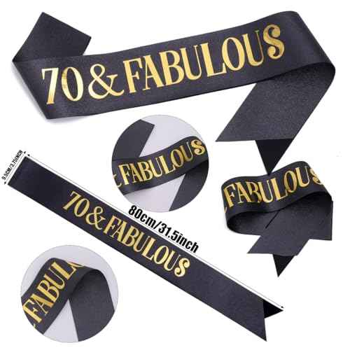 "70 & Fabulous"Sash & Rhinestone Tiara Set, Black Gold 70th Birthday Gifts for Women, Birthday Sash/Tiara for Women's 70th Birthday Party Decoration (Black 70th)