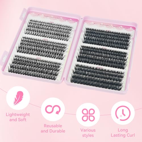 YELIX 640pcs Wispy Lash Clusters 9-15mm Mixed Length Individual Lashes