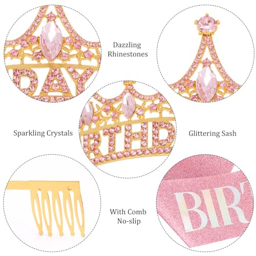 Sparkling Pink Birthday Girl Sash and Crown Set with Tiara