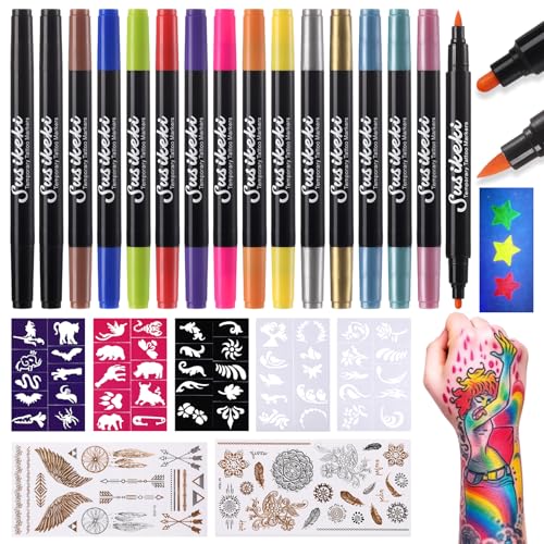 Temporary Tattoo Markers - 15 Colors with Neon Glow & 50 Stencils