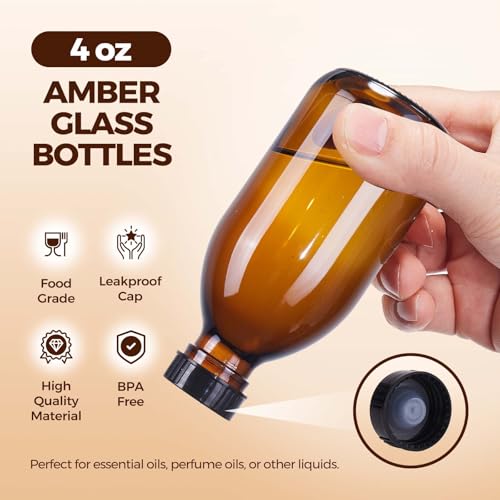 12 Pack 4 oz Amber Glass Bottles for Homemade Extracts & Oils