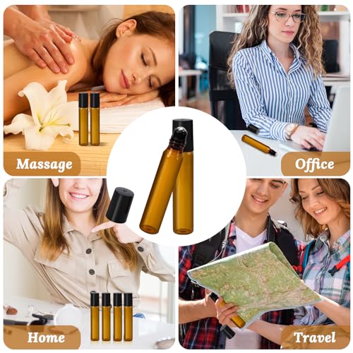 20-Pack 10ml Amber Glass Roller Bottles for Essential Oils
