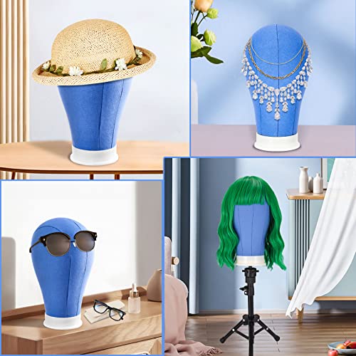 Yofuly 22'' Canvas Wig Head Set, Upgraded 63 Inch Tall Wig Stand Tripod with Mannequin Head, Canvas Block Head Wig Stand Set with Wig Caps, Table Clamp, Perfect for DIY Wig Making and Styling - Blue