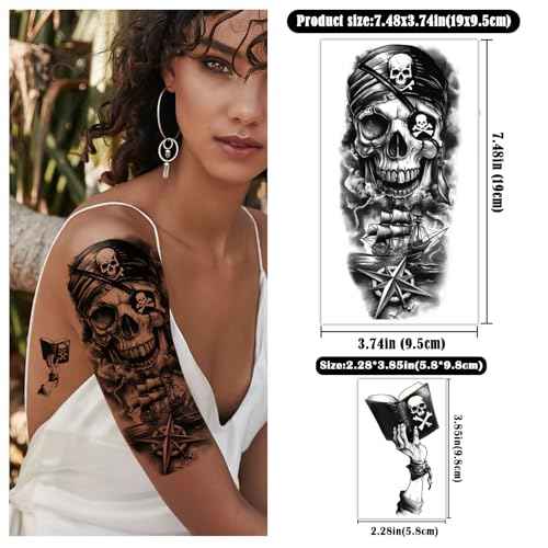 77 Sheets Temporary Tattoo, 17 Sheets Half Arm Pirate Captain Skull Compass Fake Tattoos for Women Men, 60 Sheets Pirate Anchor Sword Flag Realistic Tiny for Adult Kids Body Tattoos Stickers