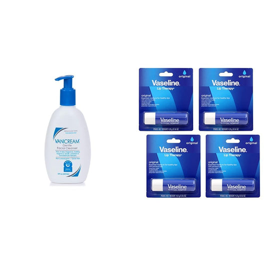 Vanicream Gentle Facial Cleanser 8 fl oz (Pack of 1) + Vaseline Lip Therapy Original 0.16 oz (Pack of 4)