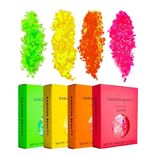 KARIZMA Neon Nights! 4X 10g Chunky Face Glitter, Hair, Eye and Body for Women and Men. Rave Festival Accessories and Cosmetic Makeup. Loose Pots