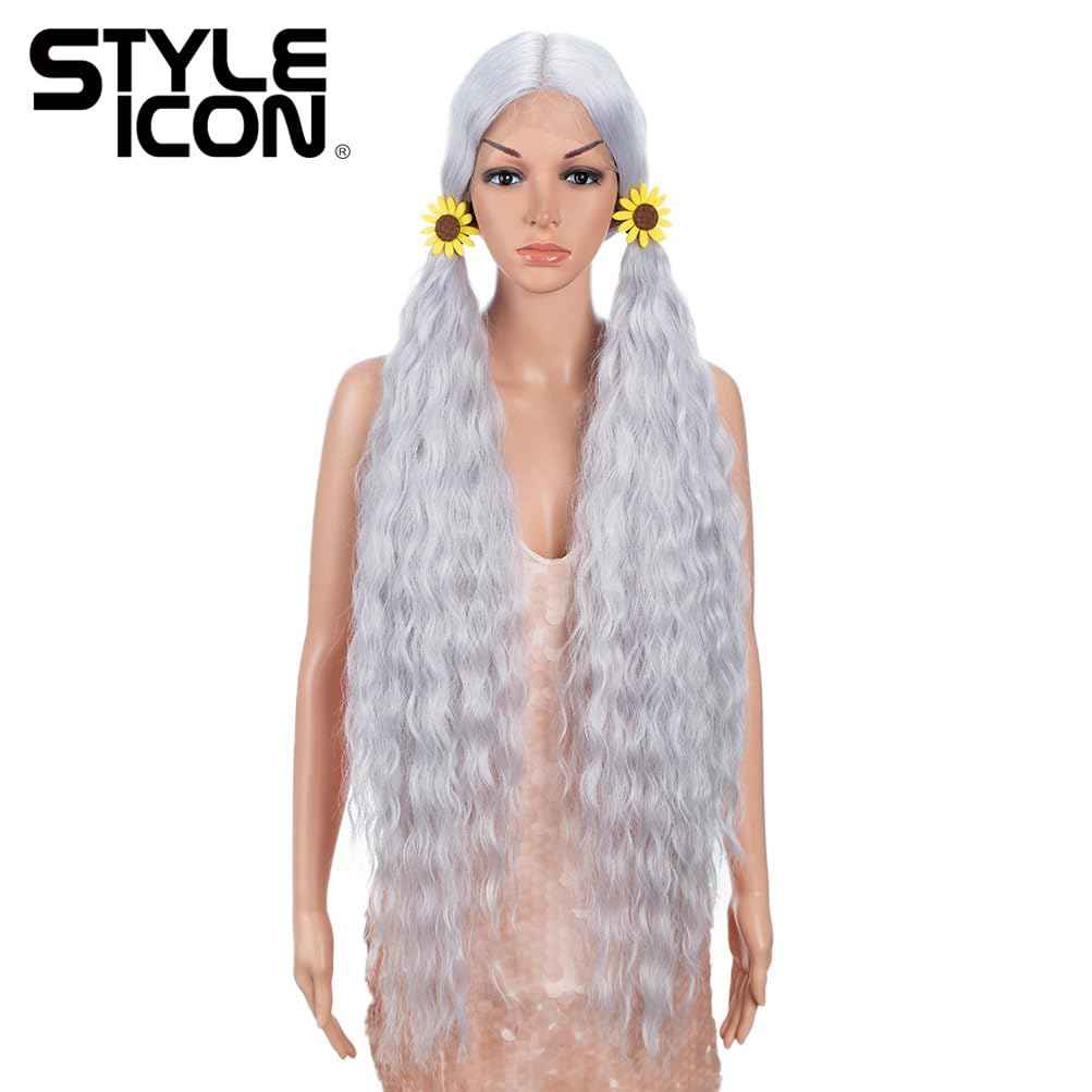 Style Icon 41" Lace Front Wigs Long Wavy Synthetic Wigs with Baby Hair Silver Grey Bohemian Style Half Hand Tied 130% Density Wigs (41", THISTLE)
