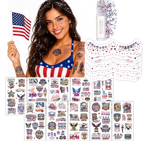 Patriotic Temporary Tattoos Set 106 Pcs with Face Glitter