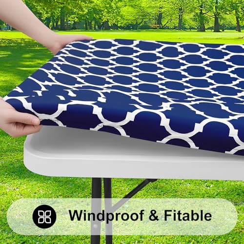 smiry Rectangle Picnic Tablecloth, Waterproof Elastic Fitted Table Covers for 4 Foot Tables, Wipeable Flannel Backed Vinyl Tablecloths for Camping, Indoor, Outdoor (Navy Morocco, 30x48 Inches)