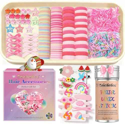 873 PCS Girls Hair Accessories-Pink Hair Bows, Clips, Elastics, Ponytail Holders, Rubber Bands, Hair Wax Stick & Cute Box, Massive Collection Hair Ties Clips for Girls, Christmas Gifts(Pink)