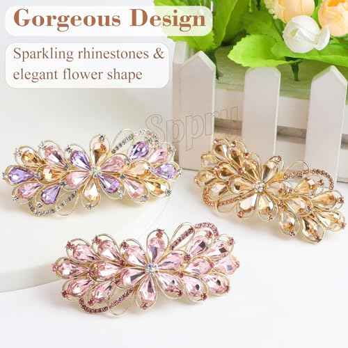Large Gorgeous Rhinestone Hair Barrette for Women, Flower Jewelry Design (Champagne)