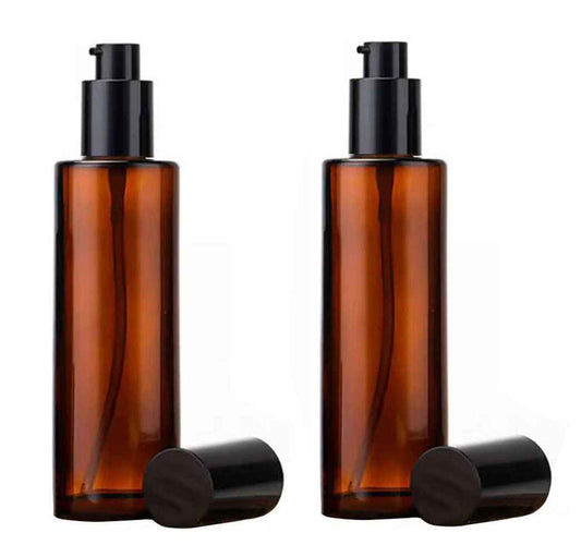 Ericotry 2 PCS 120ml/4oz Amber Glass Travel Bottles with Black Pump - Leakproof Lotion Dispenser for Essential Oil, Cream, Shampoo