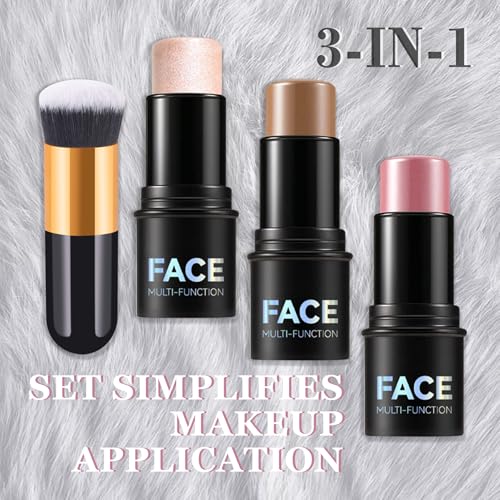 3Pcs Cream Contour Stick Kit with Brush - Blush, Highlight & Bronzer