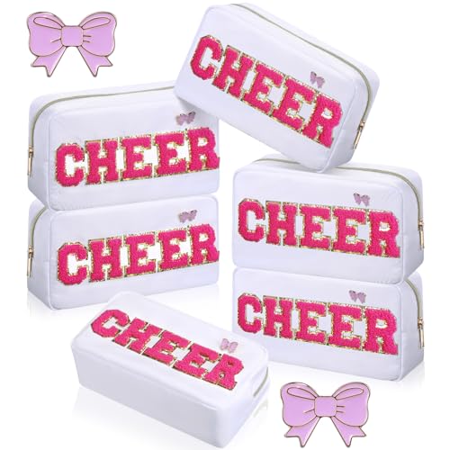 Kacctyen 6 Pcs Cheer Chenille Letter Makeup Bags with 6 Pcs Pins Appreciation Gift Preppy Patch Makeup Bag Nylon Teach Pouch for Work School Retirement Birthday