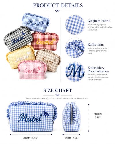 Personalized Ruffled Plaid Makeup Bag - Custom Name Cosmetic Pouch