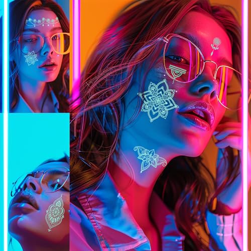 10 Sheets Blue Glow Temporary Tattoos Glow in the Dark Tattoo Kit Neck Clavicle Body Art Makeup In The Dark for Women Adults Arm Hands and Rave Festival Accessories