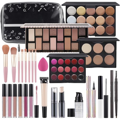 Makeup Kit For Women Full kit, Makeup Set For Teen Girls Eyeshadow Lip gloss Lipstick Make up Brushes Eyebrow Eyeliner Pen Liquid Concealer Foundation Primer Puff Eye shadow Shields Eye Brow Stencil