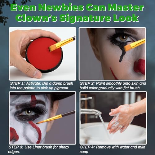 Clown Makeup Kit, Includes Red, Black & White Water Based Face Paint with 3 Face Paint Brushes & Temporary Green Hair Color Wax for Halloween Clown Makeup Costume & Cosplay